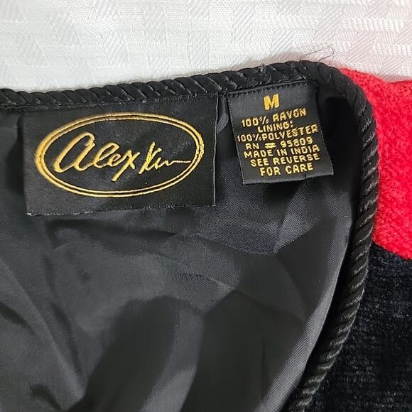 Alex Kim Women’s Medium Cardigan Jacket Red Black Velour Look Patchwork - Picture 8 of 9